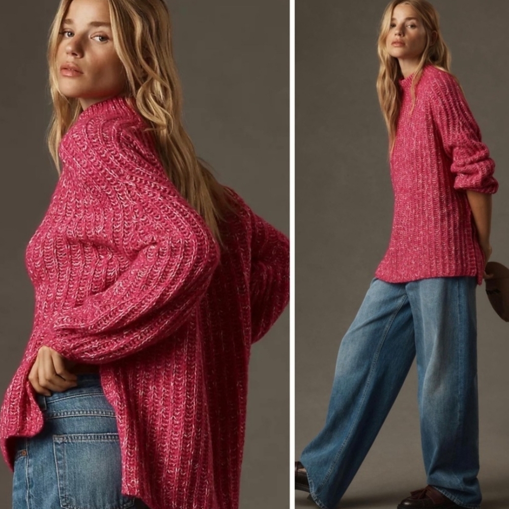 Anthropologie Pilcro Women's Pink Textured Slouchy Sweater Balloon Sleeve Wool M